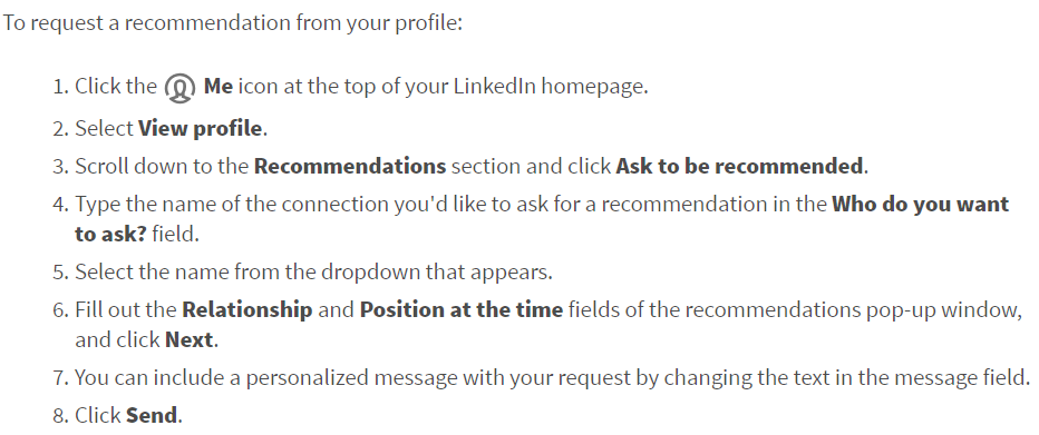 A screenshot describing how to request a recommendation from a connection on LinkedIn.