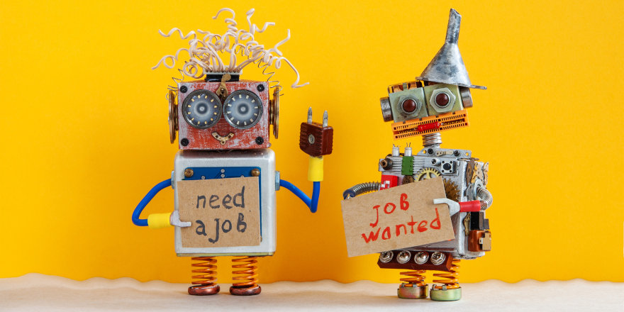 Two unemployed robots plead for help and advice in finding their first job out of high school.